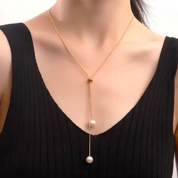 Necklace Pearl Dainty Y Slide Simple Minimalist Stylish Classy Trendy delicate - Picture 3 of 5
